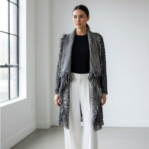 Vince black & white long wool tweed fringe sweater jacket - size Large (L)